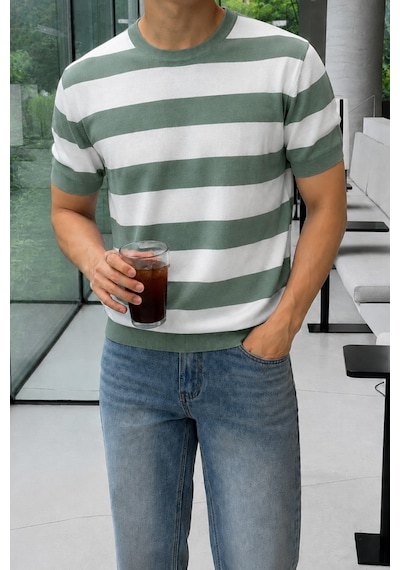 Tarz Cool Erkek Çizgili Triko Tişört Bisiklet Yaka Slim Fit Yazlık İnce Dokulu Yeşil