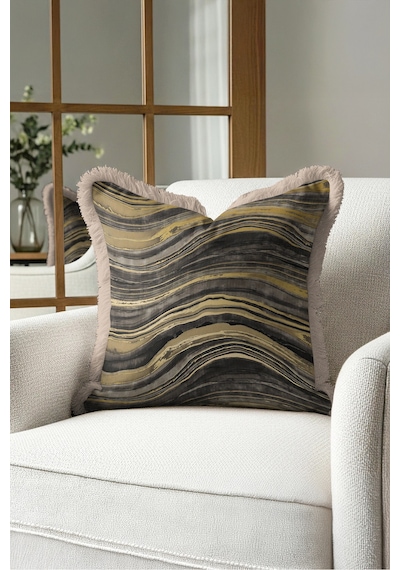 Mermer Motifli Soyut Saçaklı Yastık Kılıfı - Dalgalı Modern Gold Krem Püsküllü Kırlent Kılıfı Bej