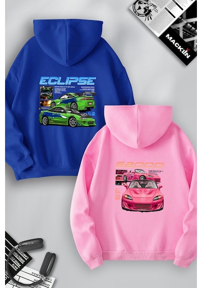 Macklin Sevgili Çift Kombin Hızlı Ve Öfkeli Eclipse Ve S2000 Sırt Baskılı Kapüşonlu Sweatshirt 2li Set Takım Mavi Pembe Mck1236 Çok Renkli