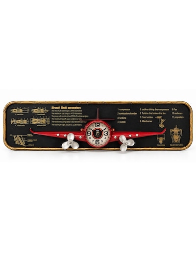 Nostaljik Uçak Temalı Kırmızı Pano Saat - 77 Cm