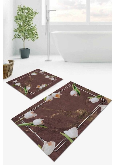Kahverengi Çiçek Desen Banyo Halısı Klozet Paspas Seti Bs012n11