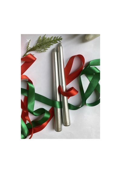 Premium Yılbaşı Özel Gümüş Sedefli Konik Şamdan Mum 2 Li Set Gümüş Gümüş