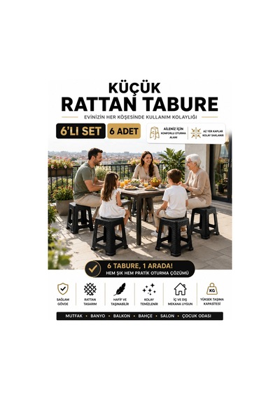 6 Lı Küçük Rattan Tabure Seti Siyah Mutfak Banyo Balkon Bahçe İçin İstiflenebilir Plastik Tabure Siyah