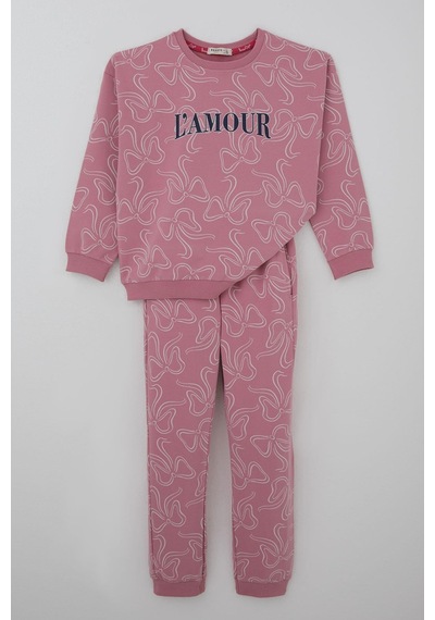 Breeze Kız Çocuk Eşofman Takımı Fiyonk Desenli Bağcık Aksesuarlı 4-8 Yaş, Pembe