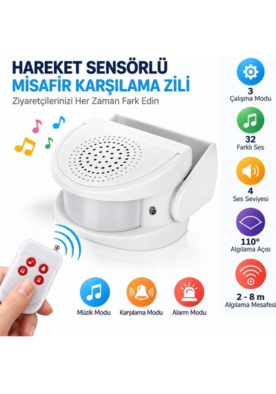 Hareket Sensörlü Kapı Zili Pır Misafir Karşılama Alarmı 32 Melodili Uzaktan Kumandalı