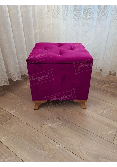 Lüks Sandıklı Tabure Puf 45 X 45 Cm Ceviz Ayak Mor
