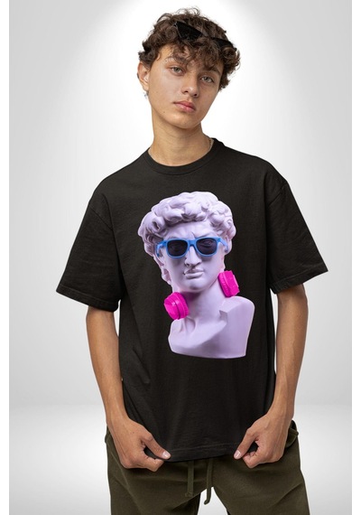Kulaklık Gözlük Pop Art Heykel Pamuklu Bisiklet Yaka Unisex Oversize Boyfriend Dijital Baskılı Siyah T-shirt Siyah