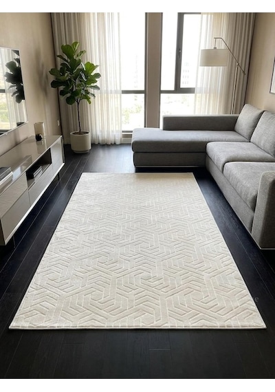 Dinar Armoni Kaymaz Tabanlı Kesme Kabartmalı Yıkanabilir Salon Koridor Mutfak Hali Krem