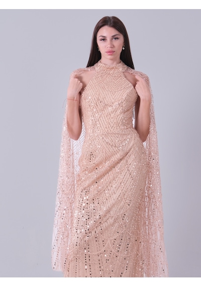 Feminist Gold Boyundan Pelerin Detaylı Pul Payet İşlemeli Straplez Abiye 9705827