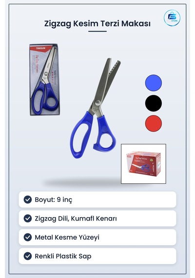 Zigzag Kesim Terzi Makası 9" Renkli Plastik Sap Kumaş Kenar Kesic
