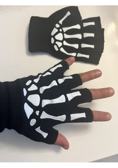 Airbrush Tattoo İskelet Kuru Kafa Parmaksız Kesik Yarım Parmak Eldiven Model6 Siyah
