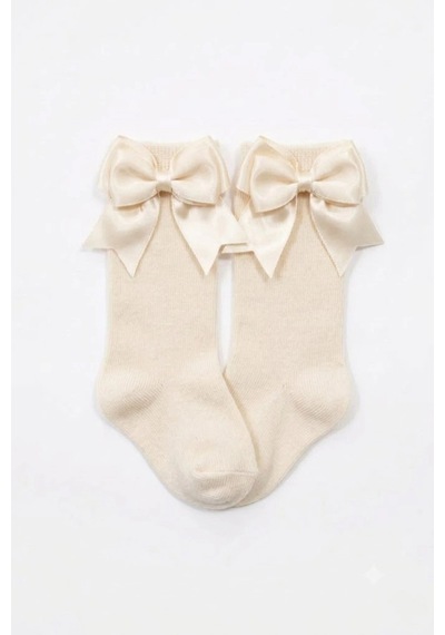 Cocole Socks Kız Çocuk Aksesuarlı Dizaltı Çorabı Tekli Pamuklu Düz Ekru Fiyonklu