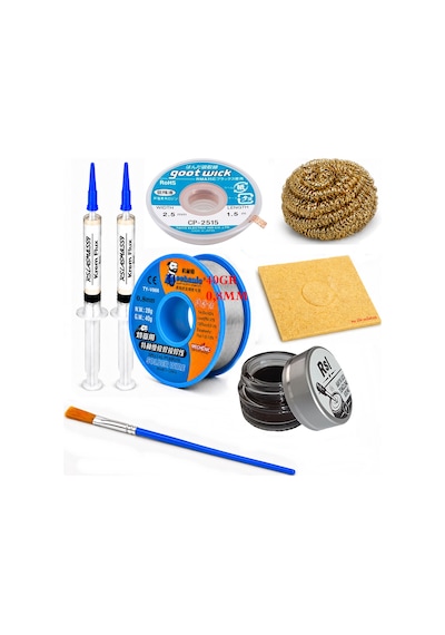Lehimleme Seti 0,8 Mm 40 Gr Lehim Teli 2 Li Flux Cp-2515 Lehim Fitili 1fırça Ve Havya Ucu Temizleme Seti St51