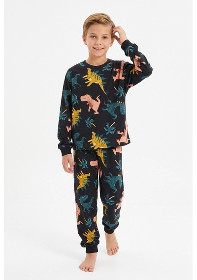 Bunny Hopp Erkek Çocuk Uzun Kollu Pijama Takımı %100 Pamuk Siyah Renkli Dinozor Desenli Penye Bunny Hopp Erkek Çocuk Uzun Kollu Pijama Takımı %100 Pamuk Siyah Renkli Dinozor Desenli Penye