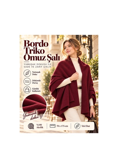 Comerciante Bordo Düz Triko Kadın Omuz Şalı Yumuşak Dokulu Kışlık Şal 70x175 Cm %100 Akrilik Bordo - 930337046 Bordo