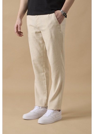 Braccas Erkek Bej Slim Fit Keten Karışımlı Çizgili Pantolon Bej