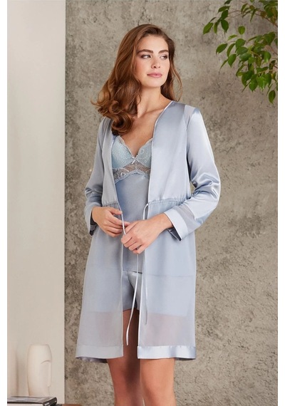Pierre Cardin 7035 Kadın Mist Gelin Set 4'lü Saten Sabahlık Gecelik Şortlu Takım Mist