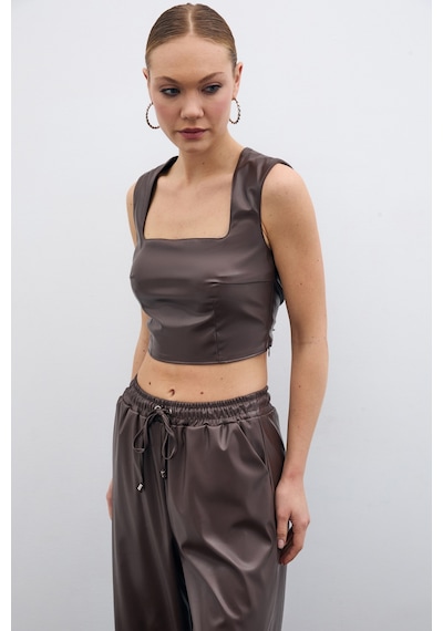 Sateen Kare Yaka Deri Crop Bluz - Koyu Kahve