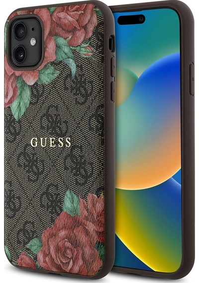 Apple Uyumlu iPhone 11 Kılıf Guess Lisanslı Magsafe Gül Baskılı 4g Desenli Yazı Logolu Kapak Kahverengi