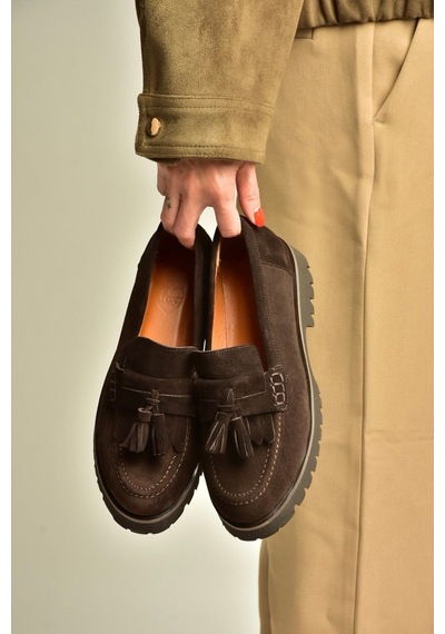Fox Shoes Z944014461 Kahverengi Süet Kalın Tabanlı Püsküllü Loafer Ayakkabı