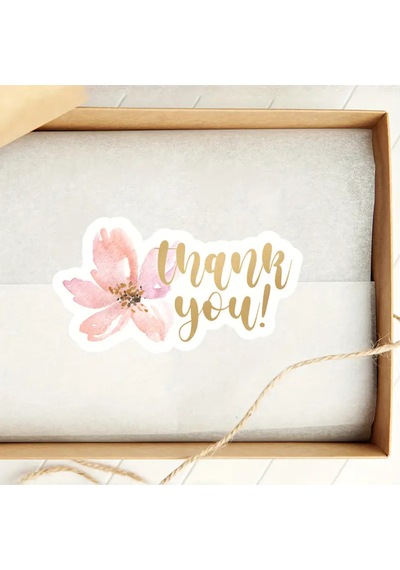 Store 200 Adet Suluboya Tarzı Pembe Çiçekli "thank You" Yazılı Paketleme Teşekkür Etiketi 3.81x2.03cm Çok Renkli
