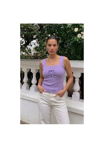 Onno Style Women Kolsuz Askılı Kare Yaka Bağcık Detaylı Triko Kadın Bluz Lila