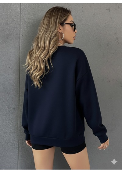 Uyguntarz Unisex Papatya Kelebek Baskılı Tasarım Oversize Bisiklet Yaka Sweatshirt Lacivert