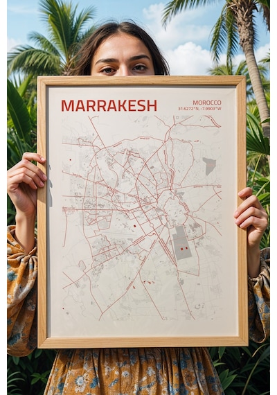 Marakeş Fas Morocco Haritası Çerçeveli Tablo Lüks Salon Ofis Duvar Dekorasyonu Hediyelik Tablo Kayın