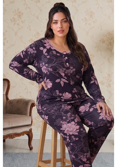 Siyah İnci Mor Desenli Düğmeli Büyük Beden Battal Boy Viskon Örme Pijama Takım 26224864
