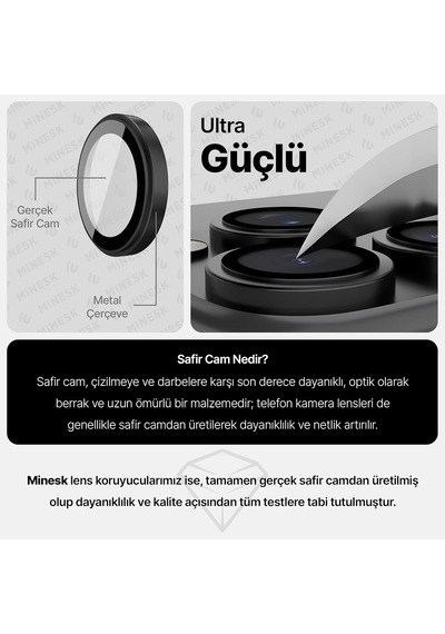 İphone 15 Pro / 15 Pro Max İle Uyumlu Orijinal Safir Cam %99.9 Saflıkta Gerçek Safir Cihazın Kendi Lensleri İle Aynı Materyal Lens Koruyucu Kamera Camı Gümüş