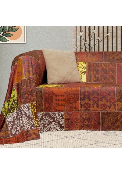 Softmicro Koltuk Örtüsü Çekyat Örtüsü Koltuk Şalı Etnik Desenli Boho Patchwork Kaymaz Kiremit 180x300 C Çok Renkli
