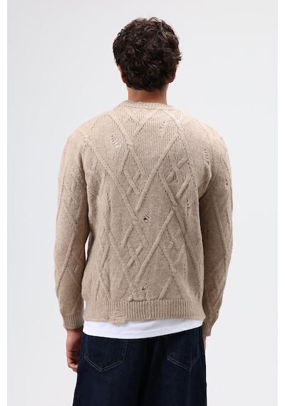 Vamos Oversize Desenli Triko Kazak Bej