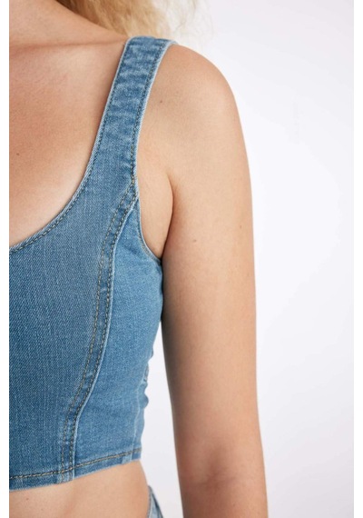 DeFacto Kalın Askılı Fermuarlı Crop Korse Jean Bluz C3335AX24HSNM39