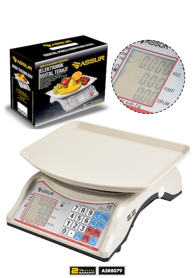 Assur Asr8079 Akülü Dijital Mutfak Terazisi 2 Gr 40 Kg Şarjlı Hassas Ölçüm Tartı Hassas Terazi Beyaz
