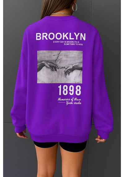 Brooklyn Baskılı Unisex Sweatshırt Mor