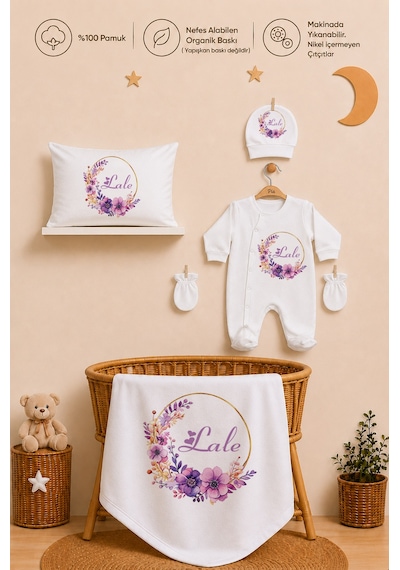 Pia Baby Kız Bebek Hastane Çıkışı Seti 11 Parça %100 Pamuk Kişiye Özel İsim Baskılı 1076110x Ekru