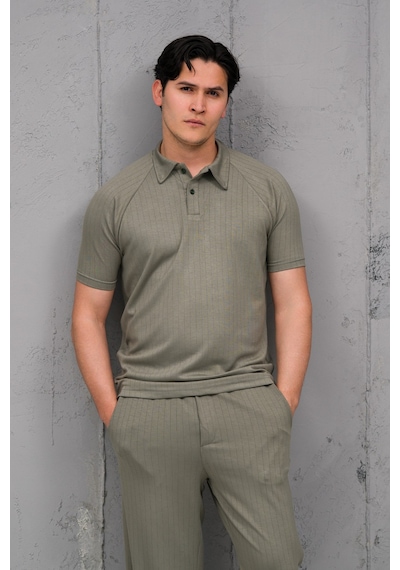 Mass Plus Regular Fit Likralı Kendinden Çizgili Yarım Baggy Pantolonlu T-shirt Takım Yeşil