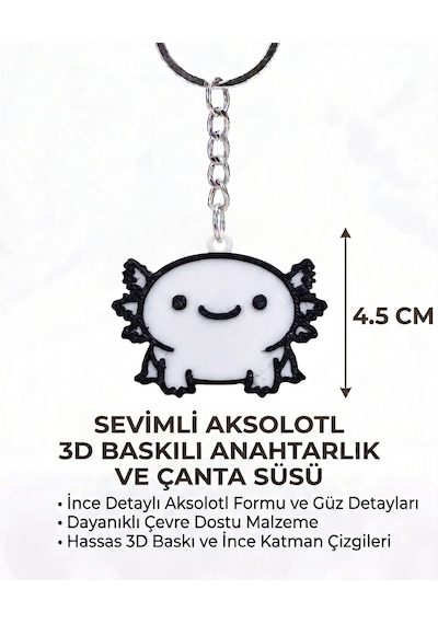 Sevimli Aksolotl 3d Basılı Anahtarlık & Çanta Süsü Beyaz - Siyah