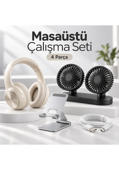 Masaüstü Çalışma Seti - 4 Parça Kulaklık, Çift Fanlı Vantilatör, Telefon Standı Ve Şarj Kablosu 01