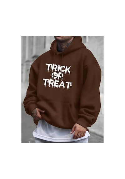 Medinenur Trick Or Treat Baskılı Kapüşonlu Cepli Sweatshirt Kahverengi