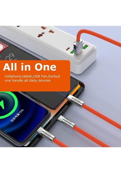 Valkyrie 6A 3in1 Lighting Type-c Micro Sıvı Silikon Data Hızlı Şarj Kablosu Bakır Döşeme Kablo Turuncu