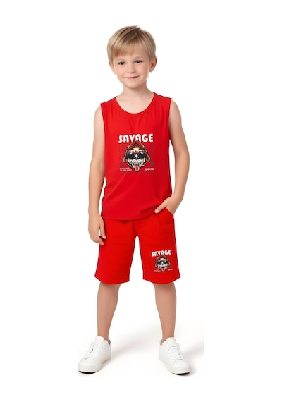 Soccer Player Baskılı Erkek Çocuk Askılı Tişört Ve Şort Alt-üst Takım Kırmızı