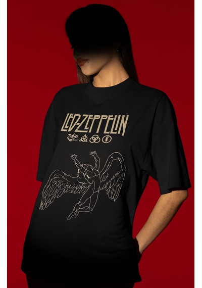 Sevbano Tasarım Led Zeppelin Rock Metal Müzik Grubu Baskılı Unisex Oversi Siyah