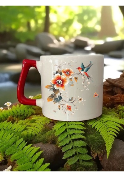 Kuş Ve Çiçek Baskılı Kırmızı Kulplu 3'lü Kupa Bardak Seramik Kahve Bardağı Beyaz