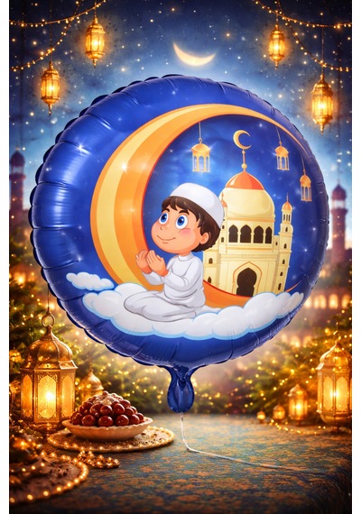 2li Ramazan Folyo Balon Set 45cm Dua Eden Çocuk Ve Kabe Hilal Cami Hoşgeldin Bayramı Temalı Dini Süs Mavi - Yeşil