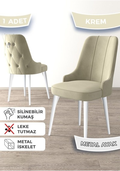 Canisa Newa Serisi, 1.sınıf Babyface Kumaş Beyaz Metal Ayaklı Gümüş Halkalı, 4 Adet Krem Sandalye Sandalye Krem Ayakları Beyaz