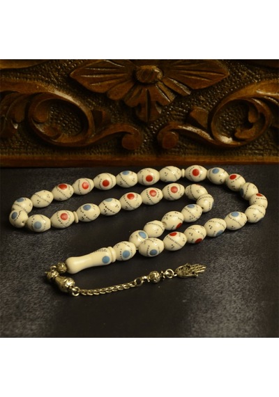 Burhan Sağlam Arpa Kesim Mineli 11 x 7 MM Deve Kemiği Alpaka Püsküllü Tesbih Çok Renkli 78838770