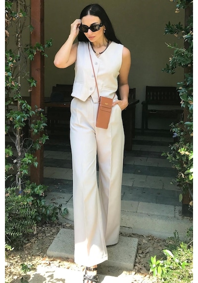 4 Sisters Fashion Bej Yelek Pantolon Takım - Bej 4 Sisters Fashion Bej Yelek Pantolon Takım - Bej