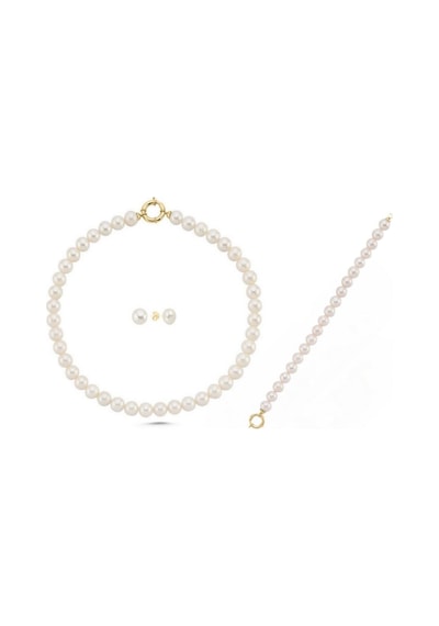 9,5 Mm Gemici Kilit Doğal İnci Kolye Bileklik Küpe Üçlü Set 40 Cm / Sarı Gümüş