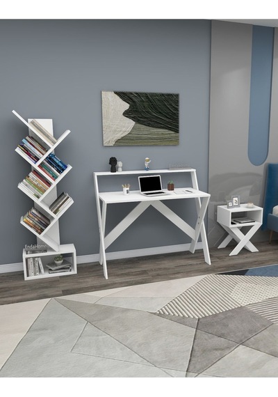 Enda Home X Çalışma Odası Seti Çalışma Masası Kitaplık Komodin Beyaz Çalışma Masası Kitaplık Seti Beyaz